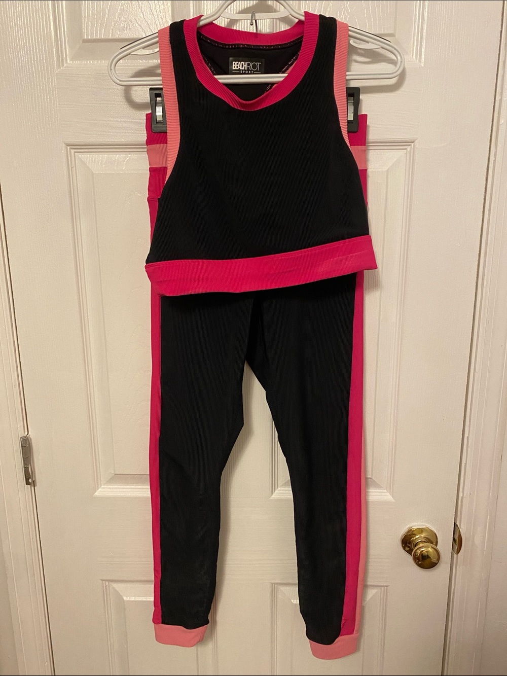 Beach Riot Black Leggings and Cropped Tank with Hot Pink & Light Pink Trim